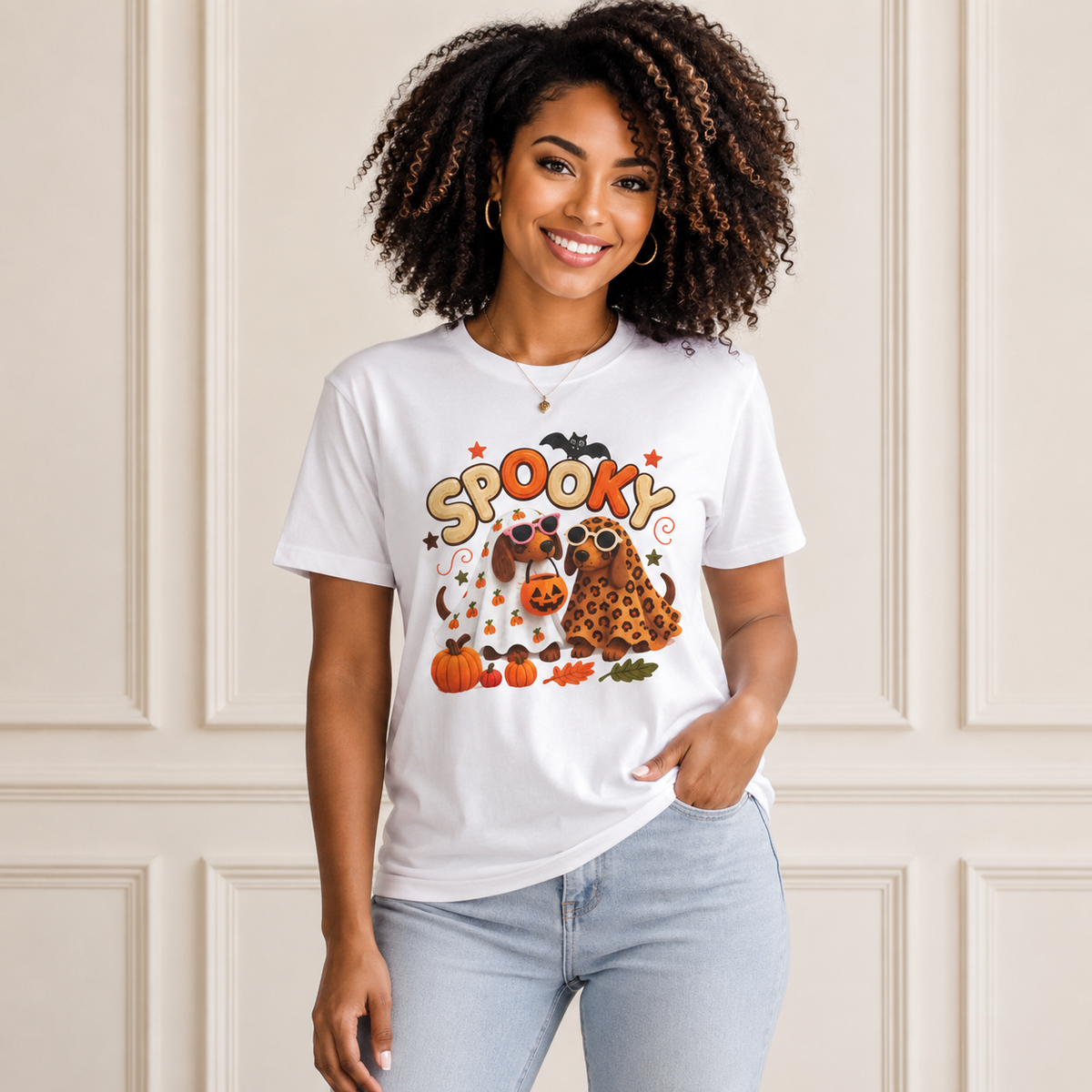 Spooky Halloween T‑Shirt — Cute Pumpkins, Bat & Leopard Print Ghosts