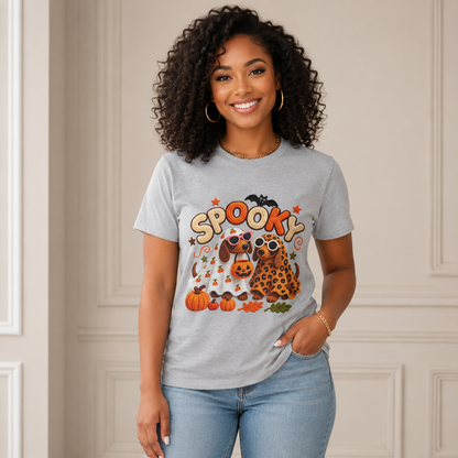 Spooky Halloween T‑Shirt — Cute Pumpkins, Bat & Leopard Print Ghosts