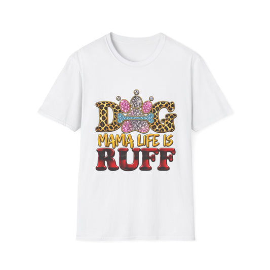 Dog T-Shirt — "Mama Life Is Ruff" Leopard Paw Bling Crew Tee
