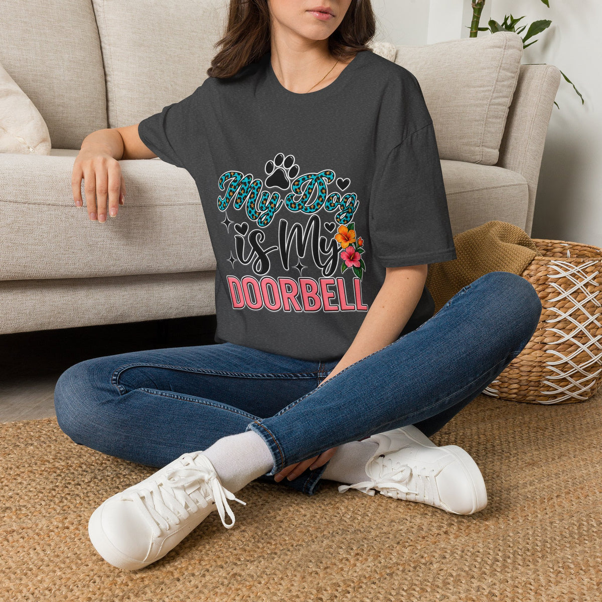 Dog Mom T-Shirt — "My Dog is My Doorbell" Floral Paw Tee