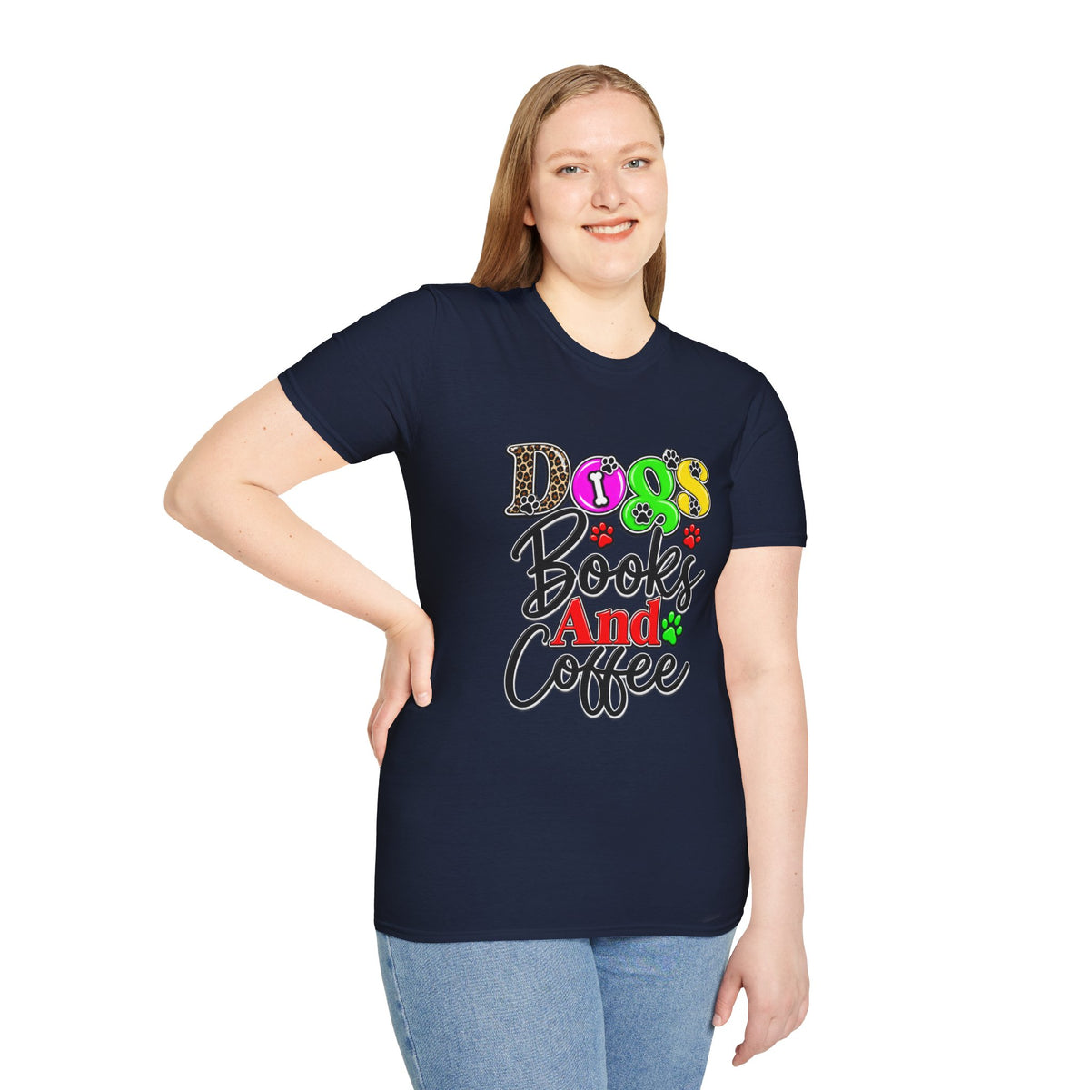 Dogs Books And Coffee T-Shirt — Colorful Paw Print Graphic Tee for Dog Lovers