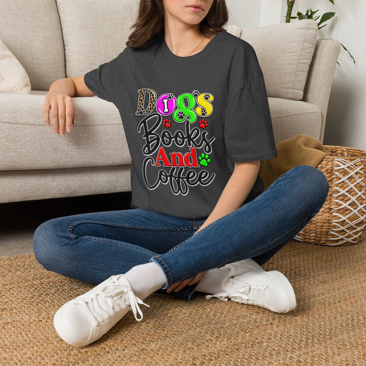 Dogs Books And Coffee T-Shirt — Colorful Paw Print Graphic Tee for Dog Lovers