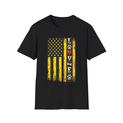 Love Paw Flag T-Shirt — Yellow Distressed American Flag with Paw Print & Heart
