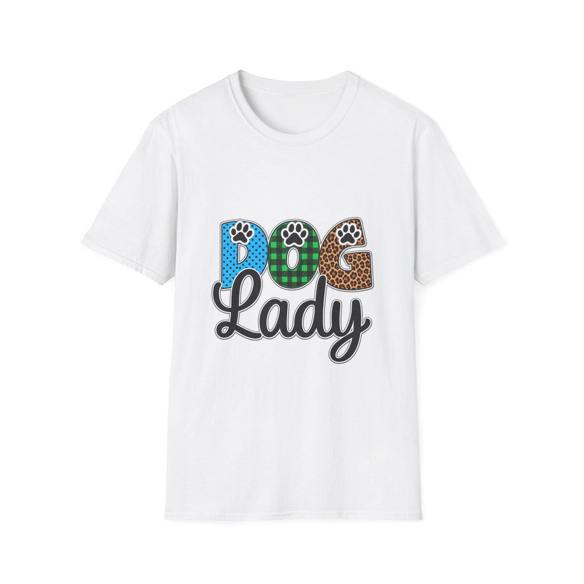 Dog Lady T‑Shirt — Colorful Paw Print DOG Graphic Tee for Pet Lovers