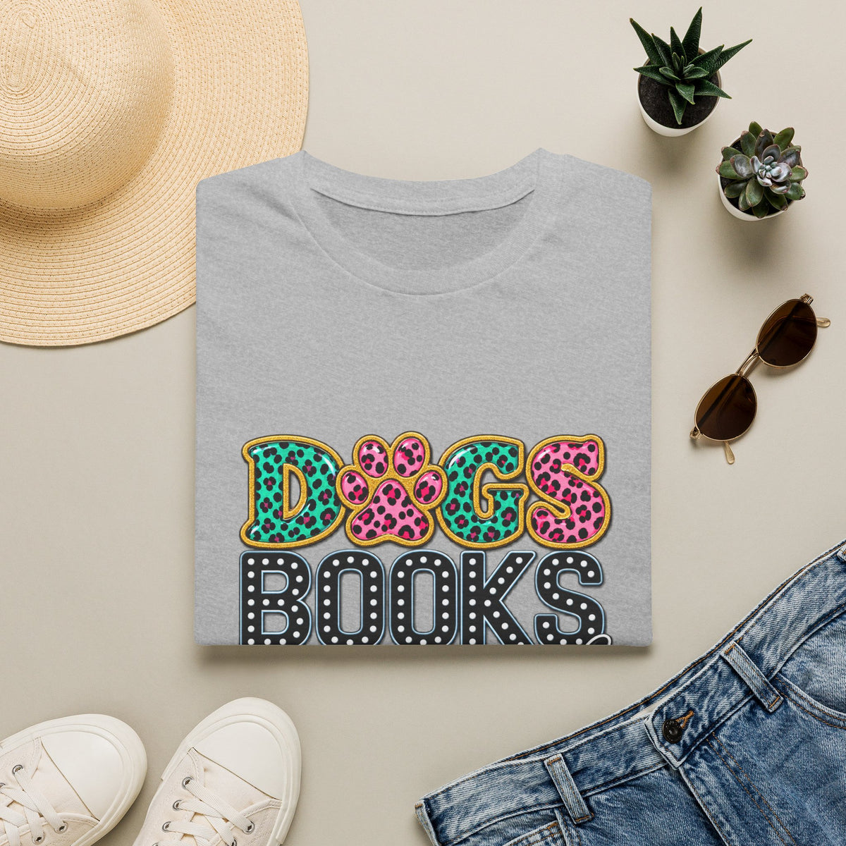 Dogs, Books and Coffee T-Shirt — Leopard Paw Typography Tee for Dog Lovers & Bookworms