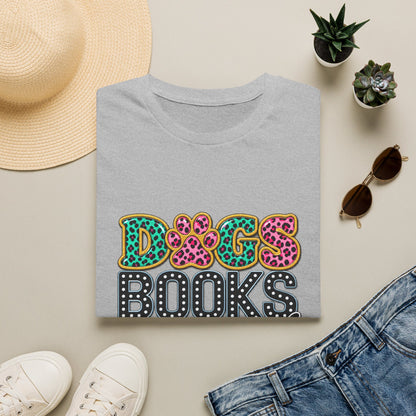 Dogs, Books and Coffee T-Shirt — Leopard Paw Typography Tee for Dog Lovers & Bookworms