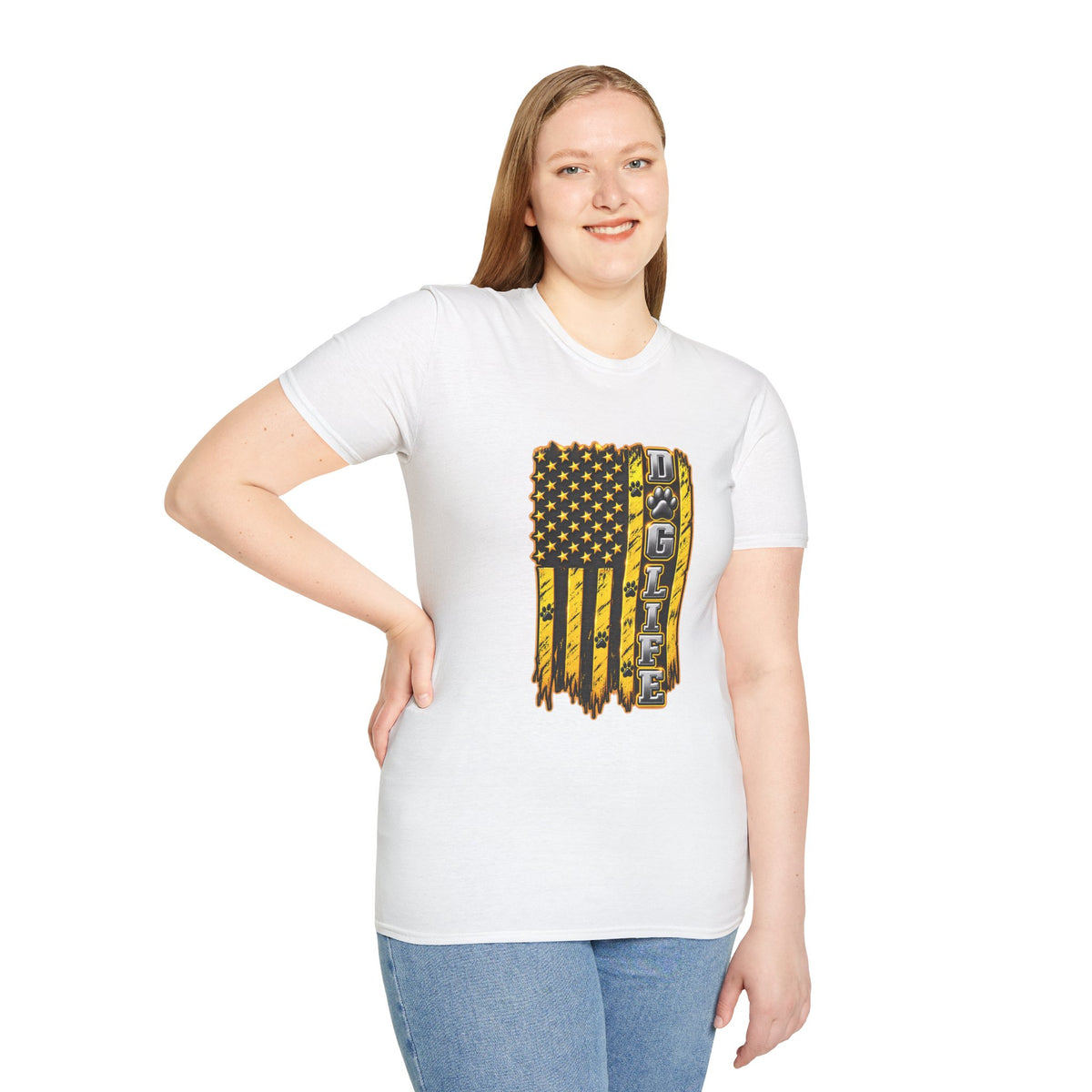 JCB Life Graphic T‑Shirt — Distressed Yellow American Flag Tractor Pride