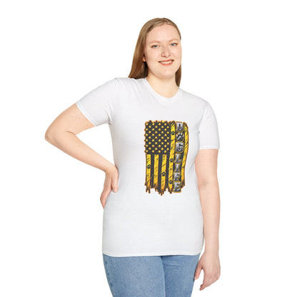 JCB Life Graphic T‑Shirt — Distressed Yellow American Flag Tractor Pride