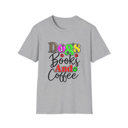 Dogs Books And Coffee T-Shirt — Colorful Paw Print Graphic Tee for Dog Lovers