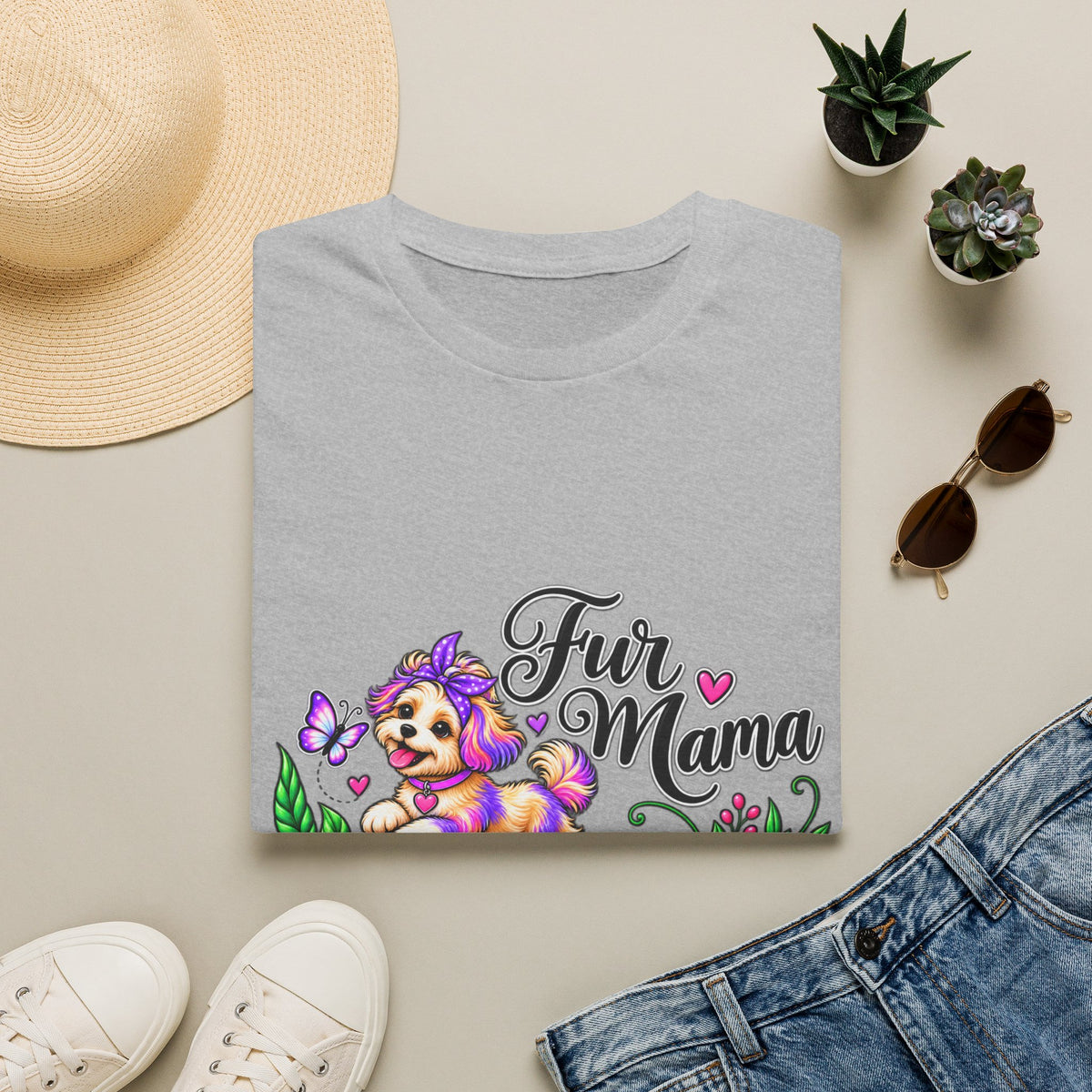 "Fur Mama" Colorful Puppy Floral Graphic Tee