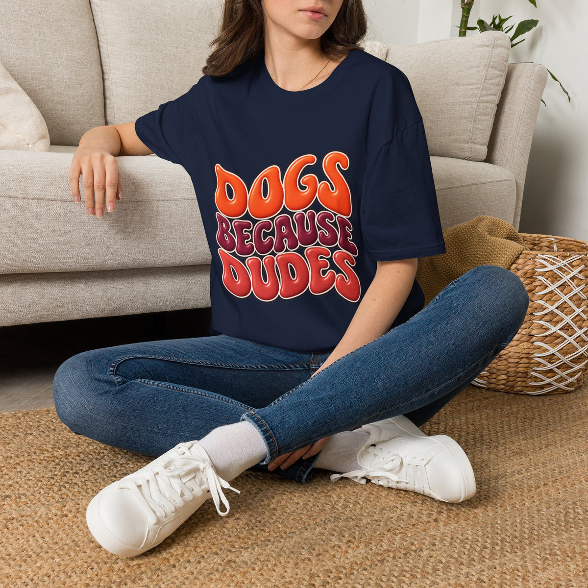 Dogs Because Dudes T-Shirt — Retro Funky Tee for Dog Lovers