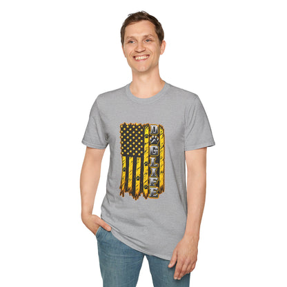 JCB Life Graphic T‑Shirt — Distressed Yellow American Flag Tractor Pride