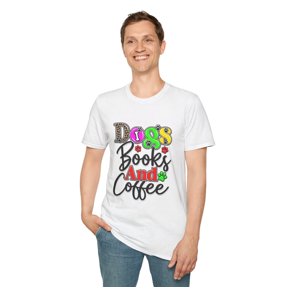 Dogs Books And Coffee T-Shirt — Colorful Paw Print Graphic Tee for Dog Lovers