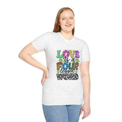 Love Is a Four-Legged Word T-Shirt — Colorful Paw Print Pet Lover Tee