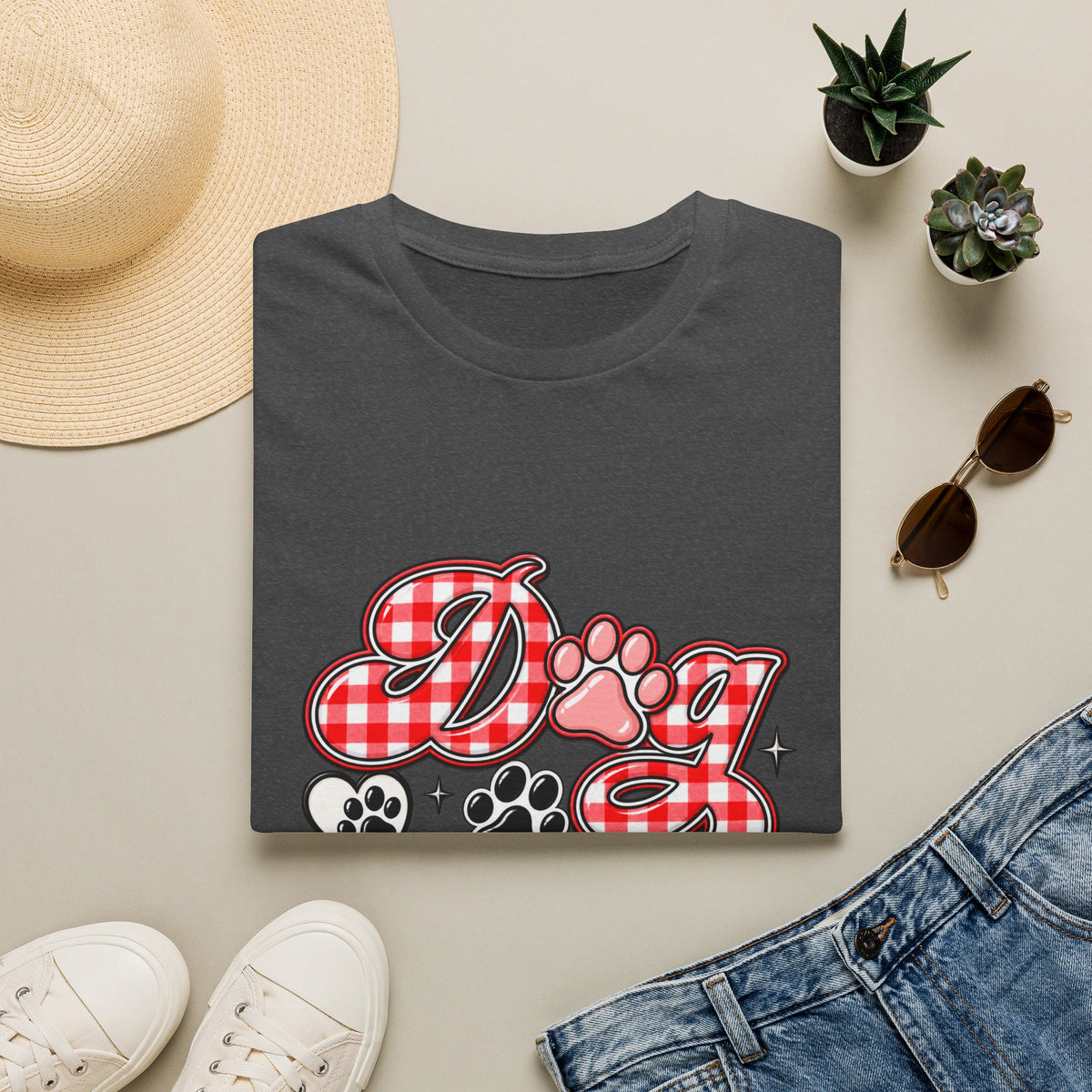 Dog Mom T-Shirt — Red Gingham Paw Graphic Tee