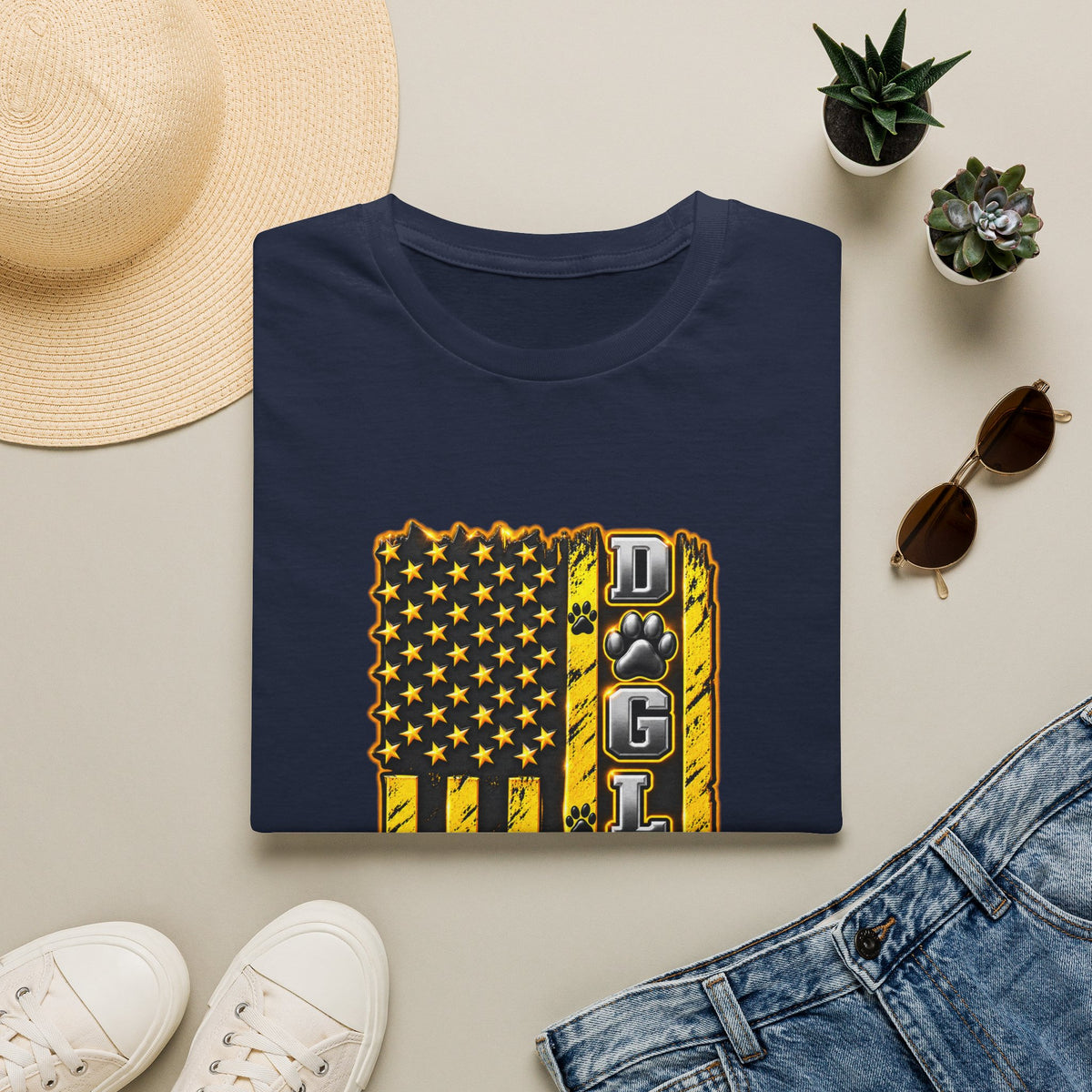 JCB Life Graphic T‑Shirt — Distressed Yellow American Flag Tractor Pride
