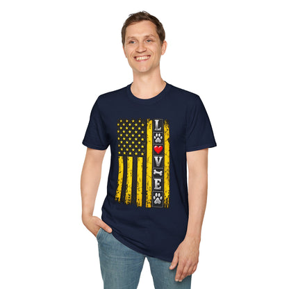 Love Paw Flag T-Shirt — Yellow Distressed American Flag with Paw Print & Heart