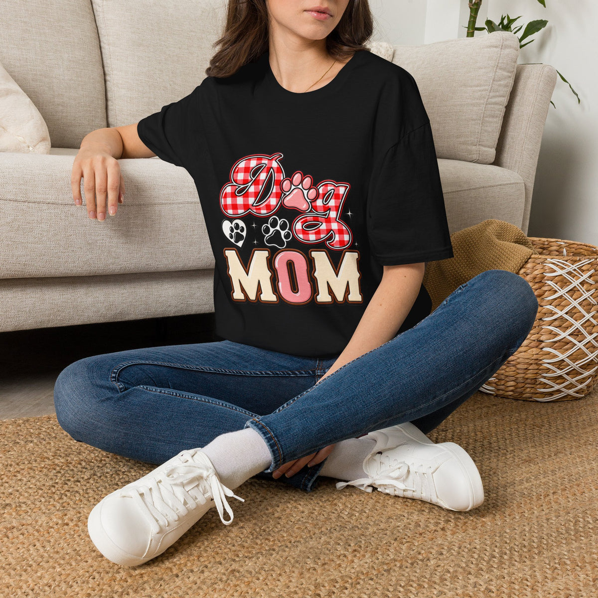 Dog Mom T-Shirt — Red Gingham Paw Graphic Tee