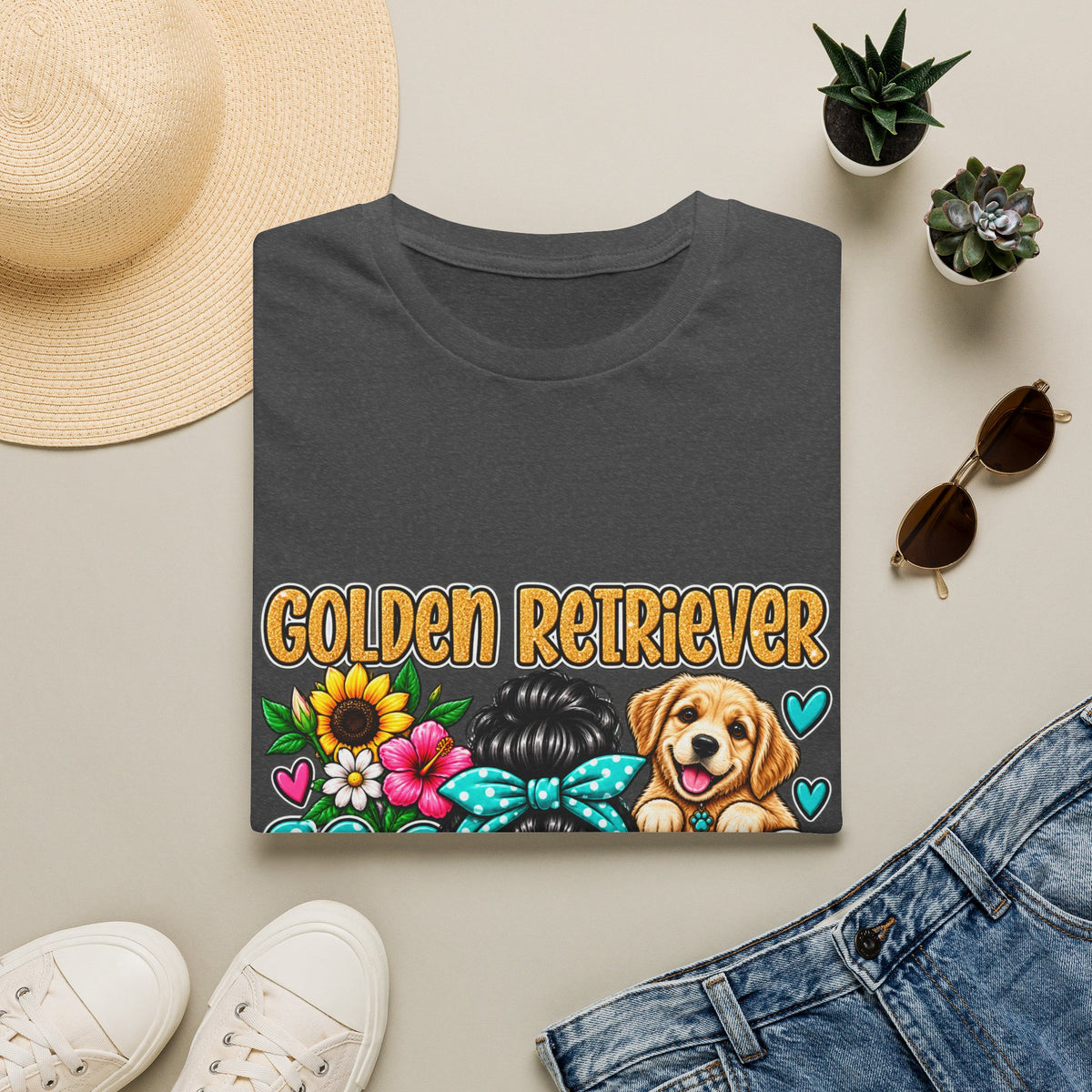 Golden Retriever Mom T-Shirt — Floral Messy Bun Dog Lover Tee