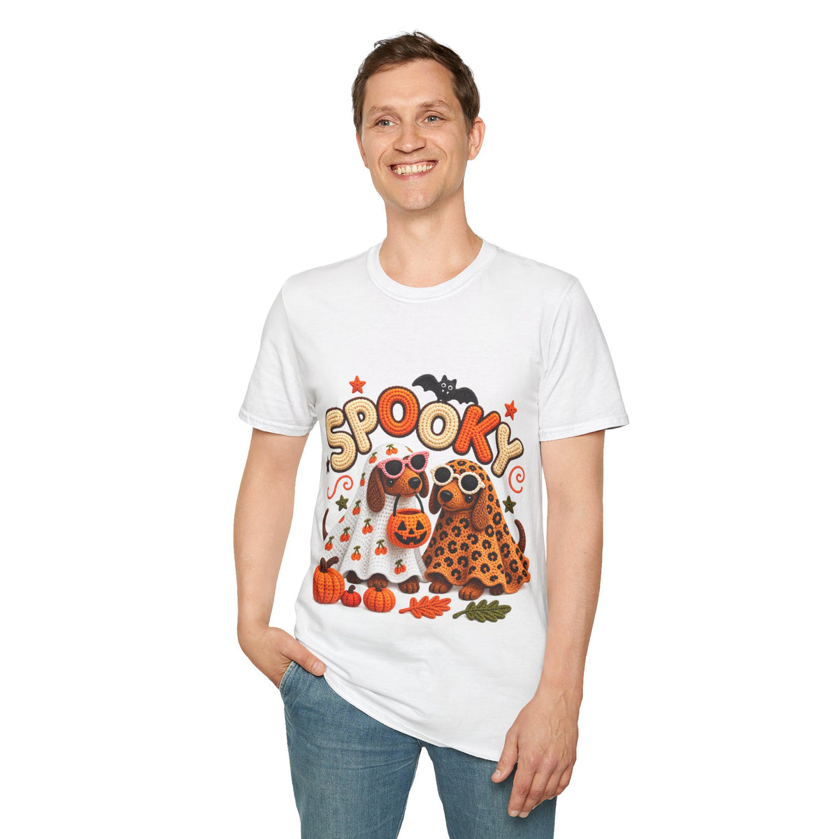 Spooky Halloween T‑Shirt — Cute Pumpkins, Bat & Leopard Print Ghosts