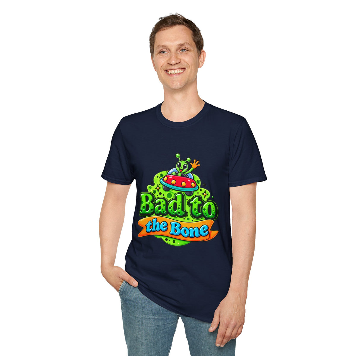Bad to the Bone Alien T-Shirt — Cute UFO Cartoon Tee