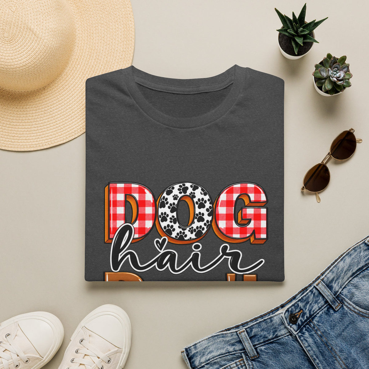 Dog Hair Don't Care T-Shirt — Cute Plaid & Paw Graphic Tee for Dog Lovers