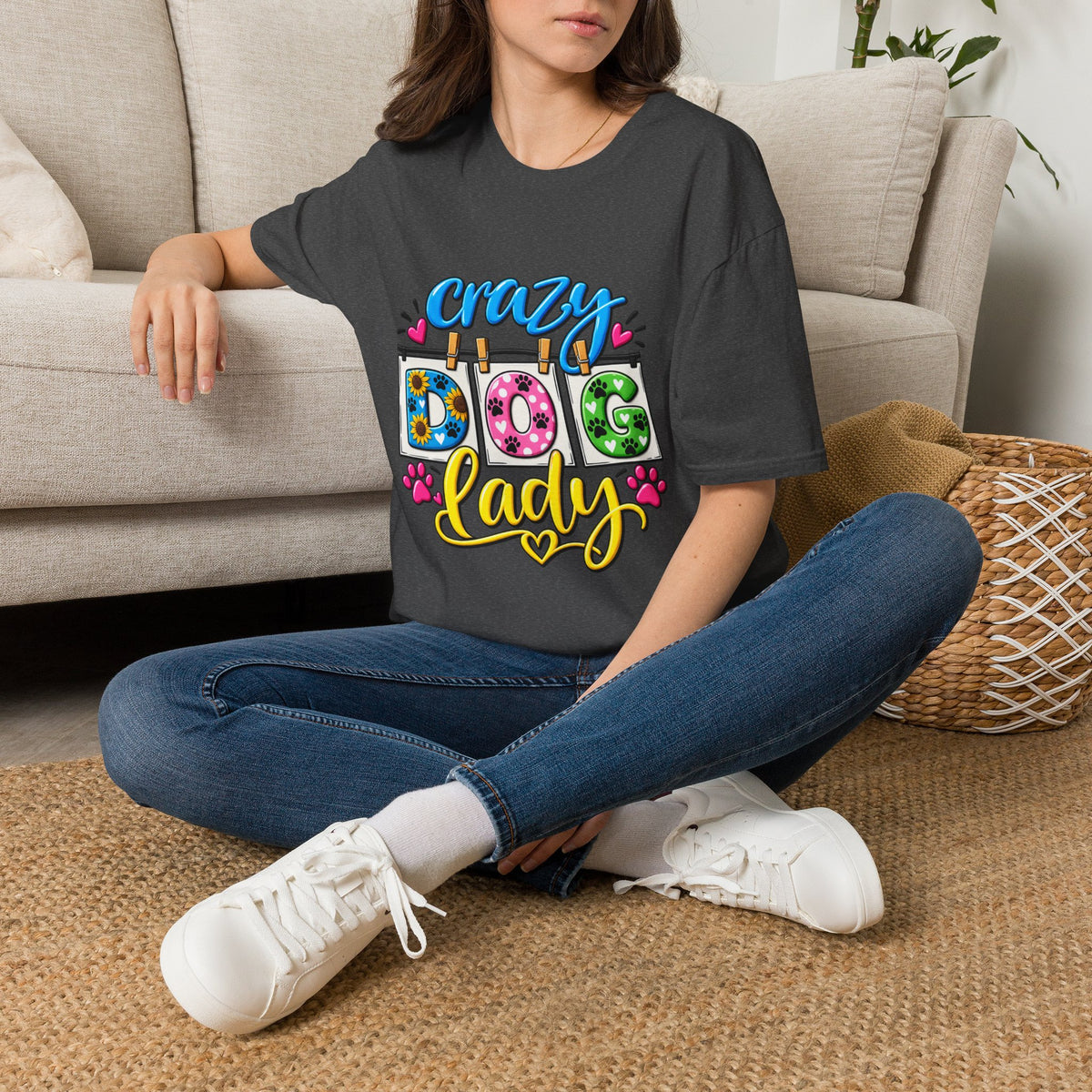 Crazy Dog Lady T-Shirt — Cute Floral & Paw Print Design