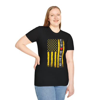 Love Paw Flag T-Shirt — Yellow Distressed American Flag with Paw Print & Heart