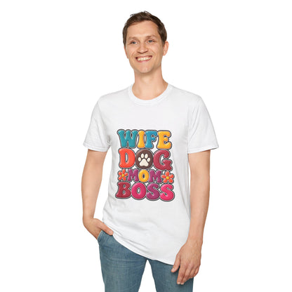 "Wife Dog Mom Boss" Colorful Paw Print Tee