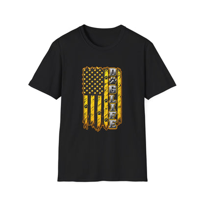 JCB Life Graphic T‑Shirt — Distressed Yellow American Flag Tractor Pride