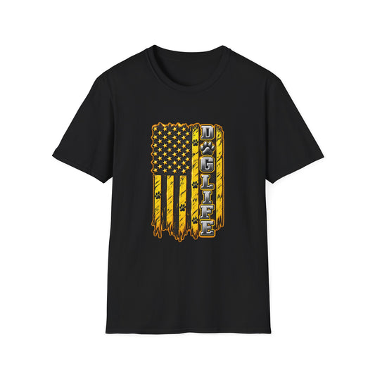 JCB Life Graphic T‑Shirt — Distressed Yellow American Flag Tractor Pride