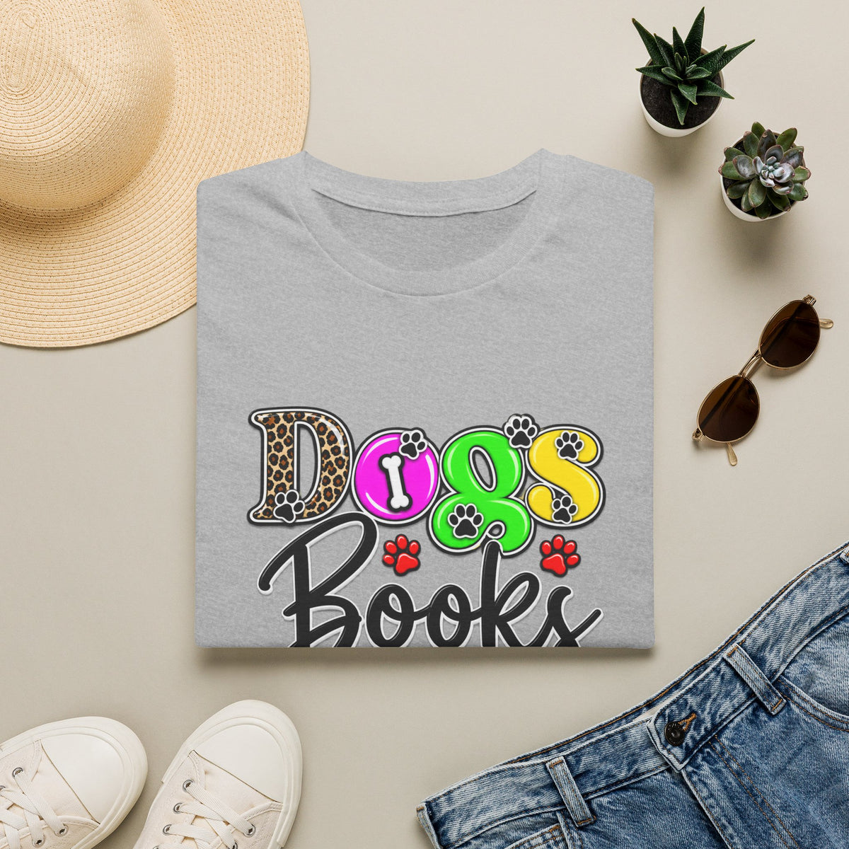 Dogs Books And Coffee T-Shirt — Colorful Paw Print Graphic Tee for Dog Lovers
