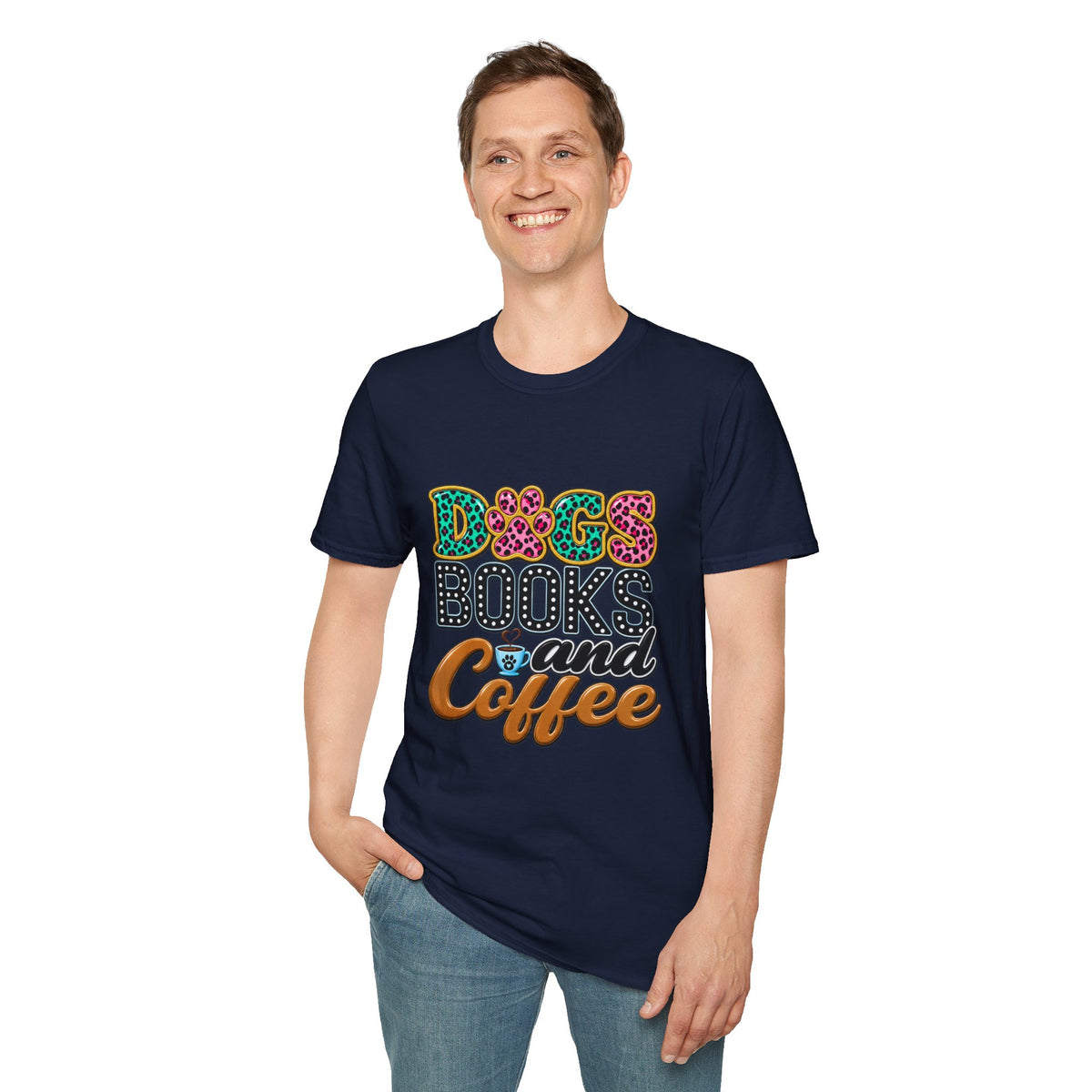 Dogs, Books and Coffee T-Shirt — Leopard Paw Typography Tee for Dog Lovers & Bookworms