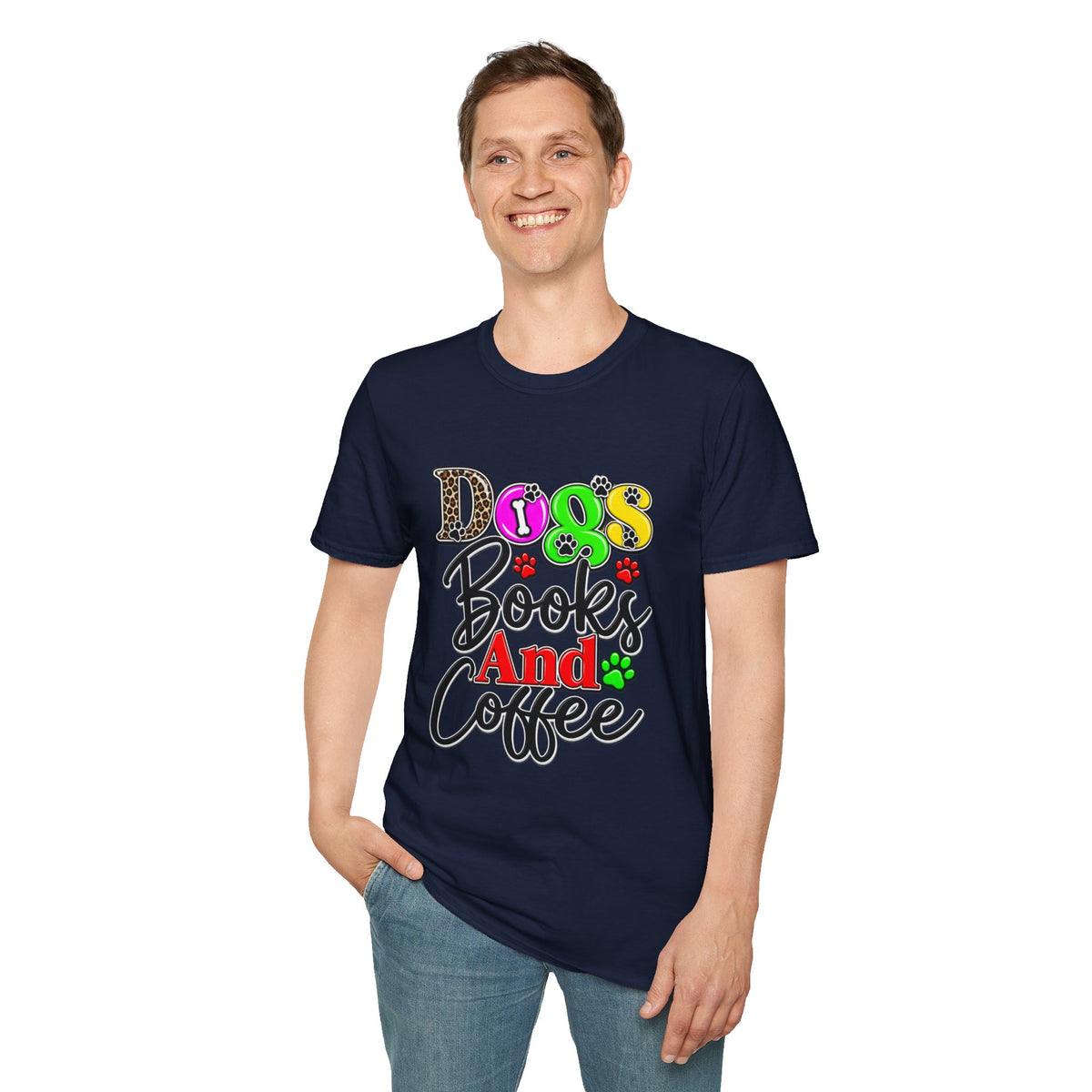 Dogs Books And Coffee T-Shirt — Colorful Paw Print Graphic Tee for Dog Lovers