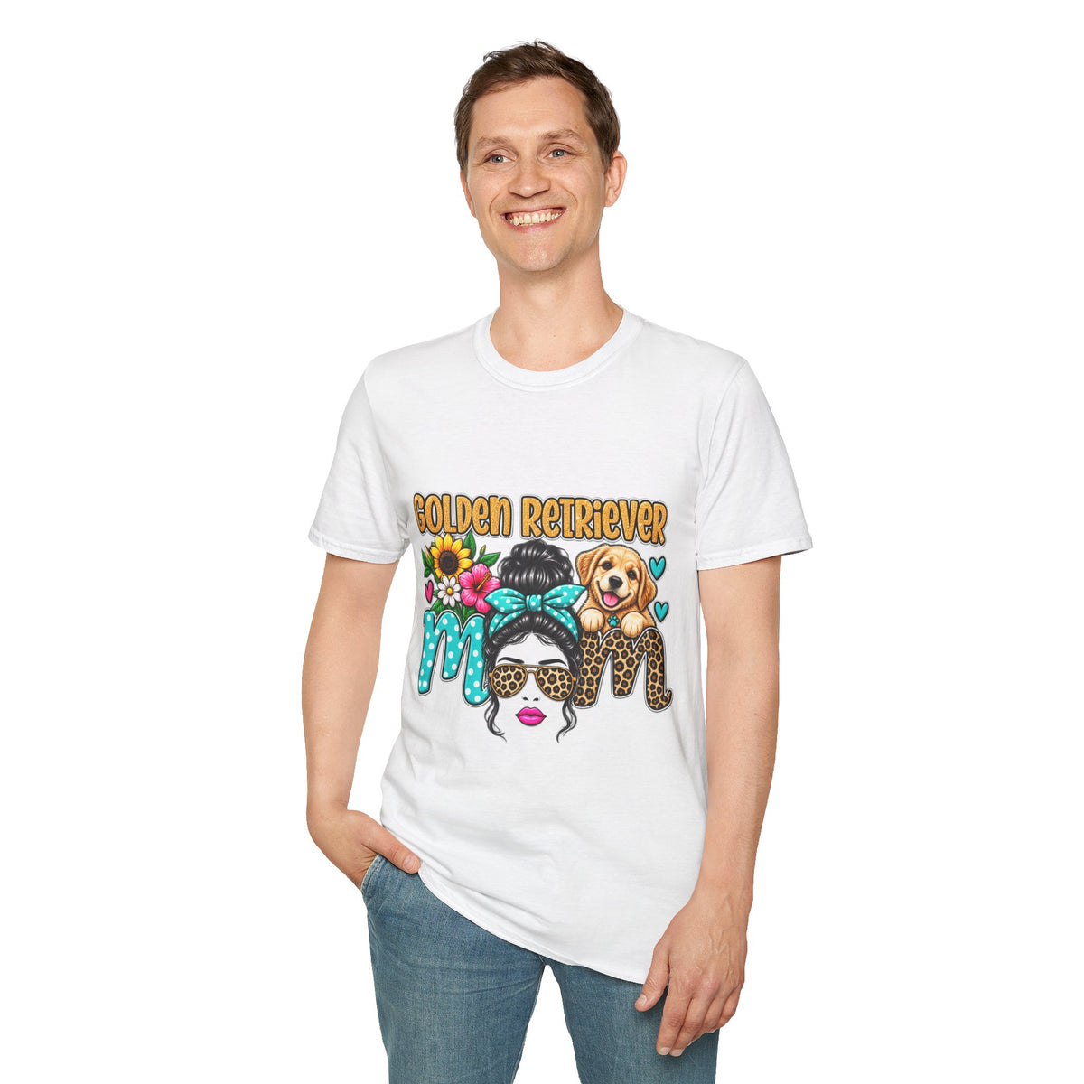 Golden Retriever Mom T-Shirt — Floral Messy Bun Dog Lover Tee