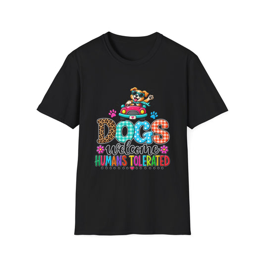 Dogs Welcome Graphic T-Shirt — Cute Puppy Car Design