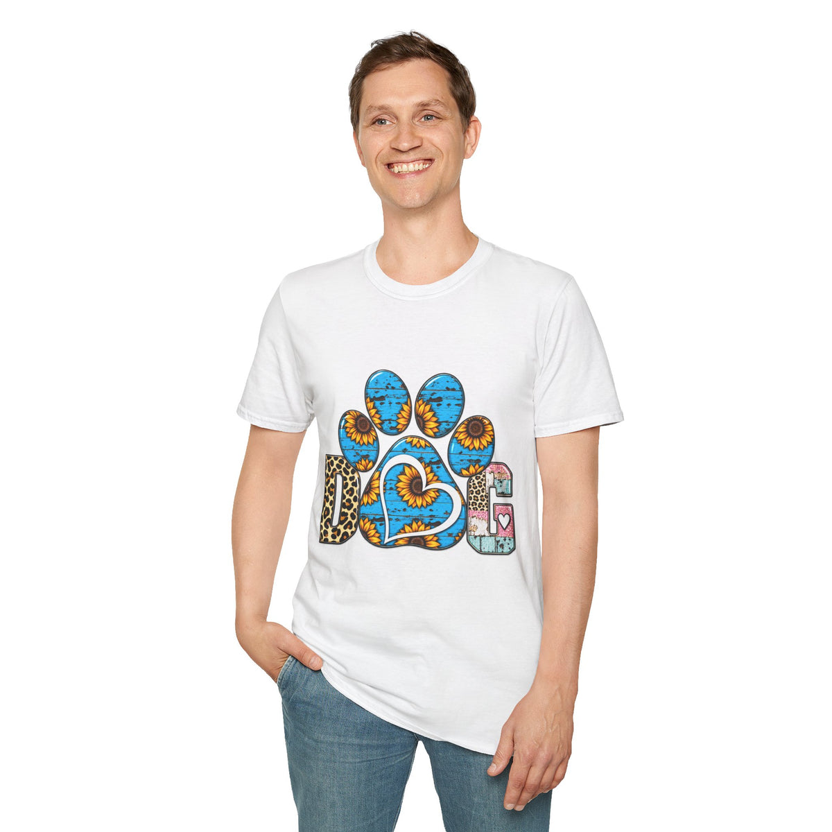 Sunflower Paw Print T-Shirt — Blue Rustic Pet Lover Tee