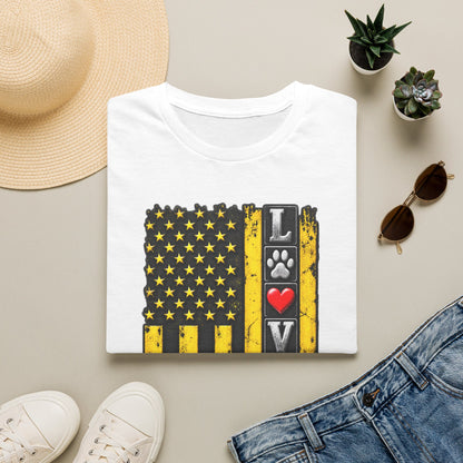 Love Paw Flag T-Shirt — Yellow Distressed American Flag with Paw Print & Heart