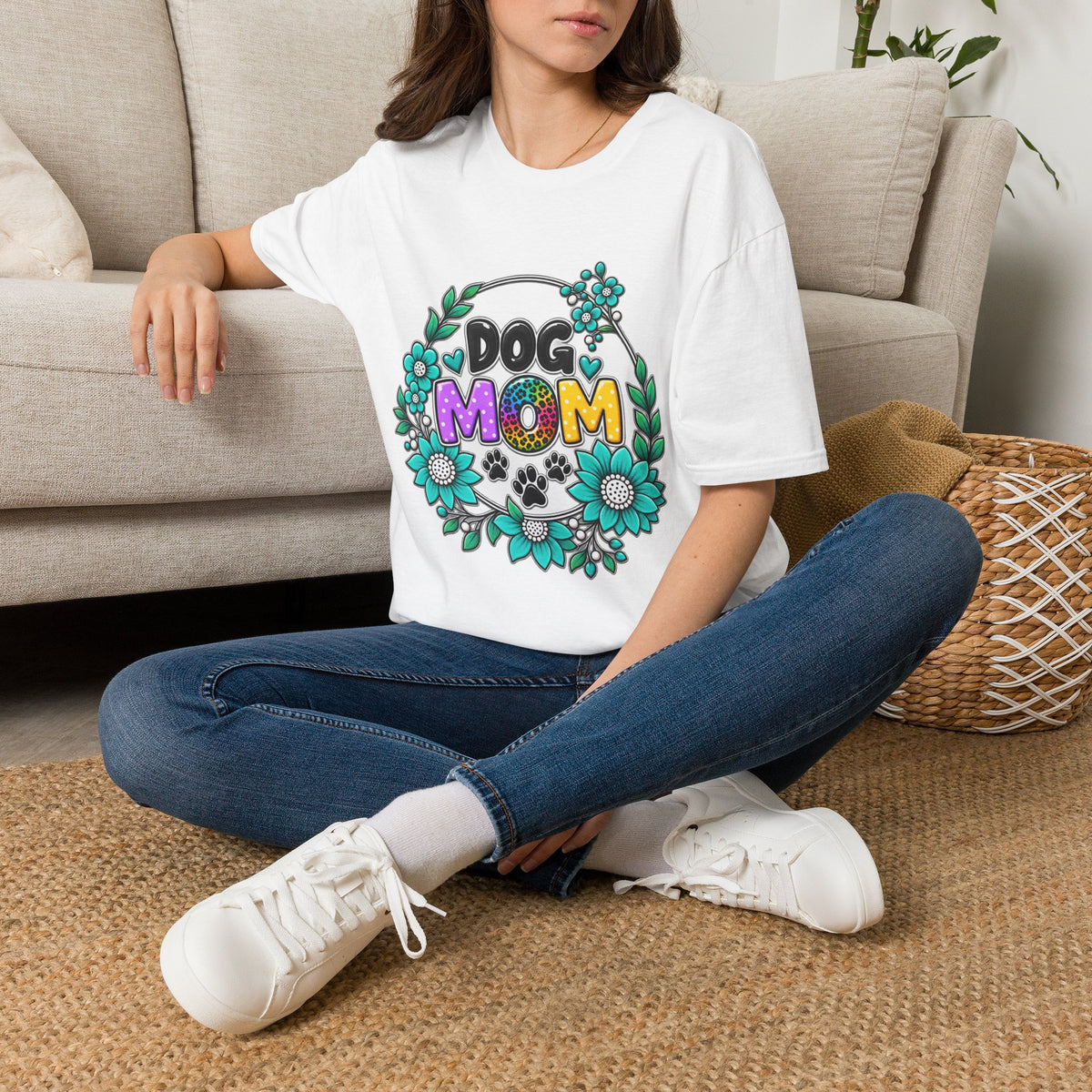 Dog Mom T-Shirt — Colorful Floral Paw Print Tee for Pet Lovers