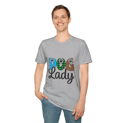 Dog Lady T‑Shirt — Colorful Paw Print DOG Graphic Tee for Pet Lovers