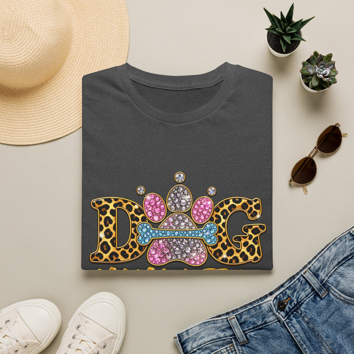 Dog T-Shirt — "Mama Life Is Ruff" Leopard Paw Bling Crew Tee