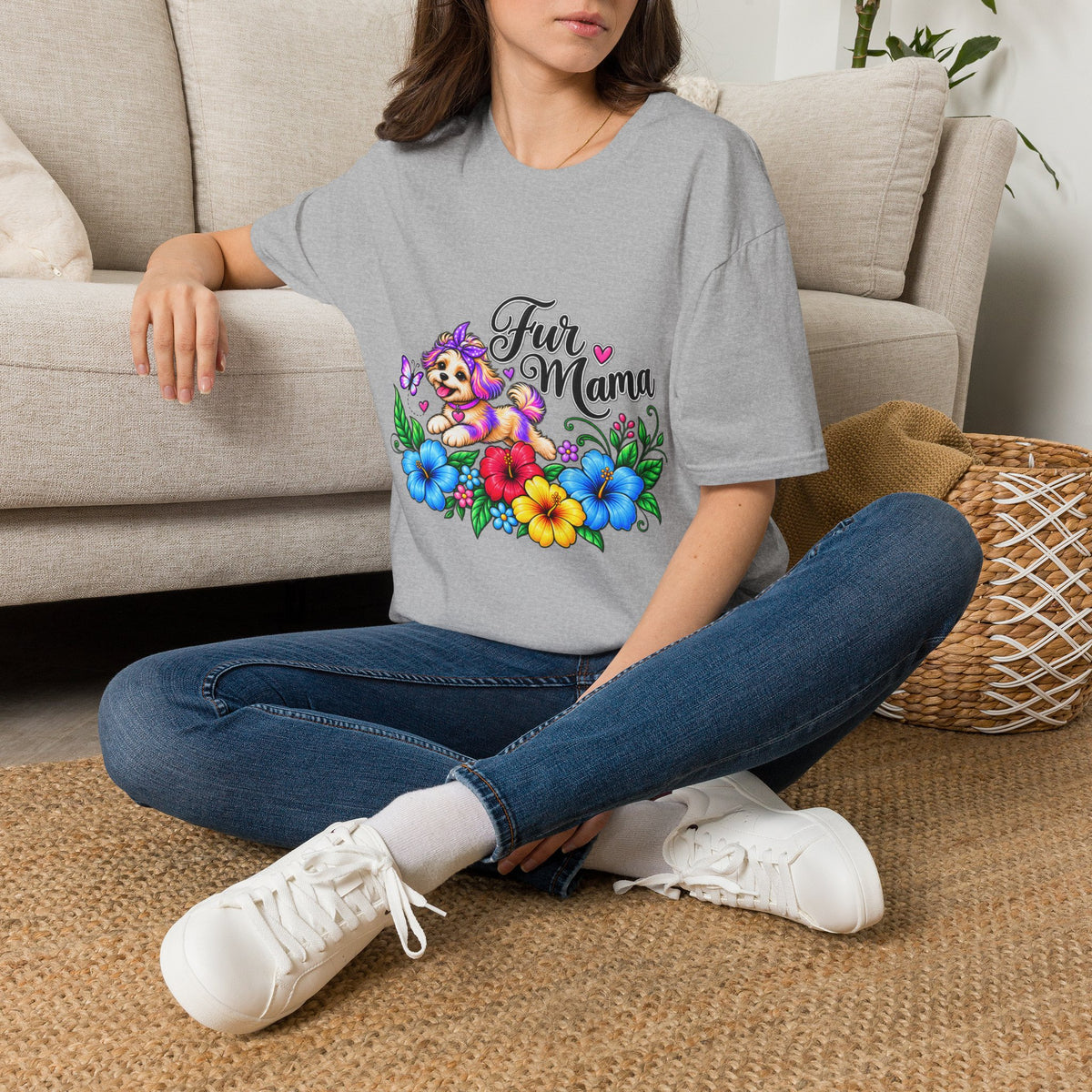 "Fur Mama" Colorful Puppy Floral Graphic Tee