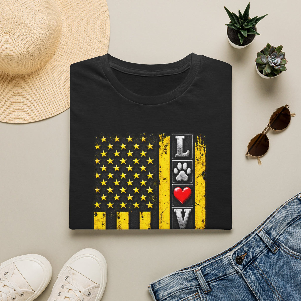 Love Paw Flag T-Shirt — Yellow Distressed American Flag with Paw Print & Heart
