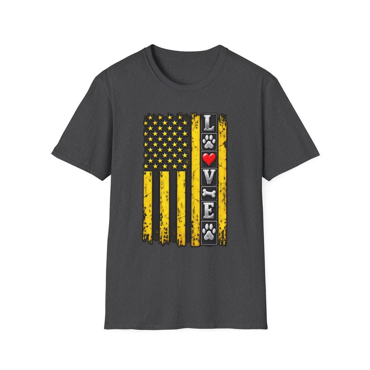 Love Paw Flag T-Shirt — Yellow Distressed American Flag with Paw Print & Heart