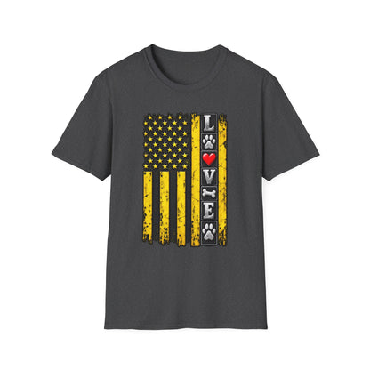 Love Paw Flag T-Shirt — Yellow Distressed American Flag with Paw Print & Heart