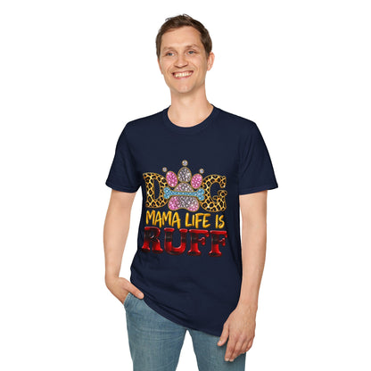 Dog T-Shirt — "Mama Life Is Ruff" Leopard Paw Bling Crew Tee