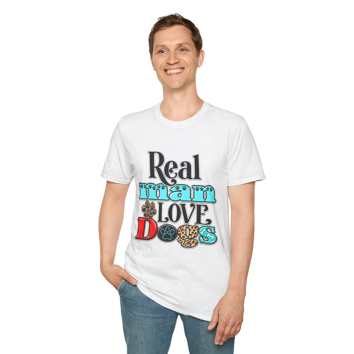Real Man Loves Dogs T-Shirt — Vintage Paw Print Graphic