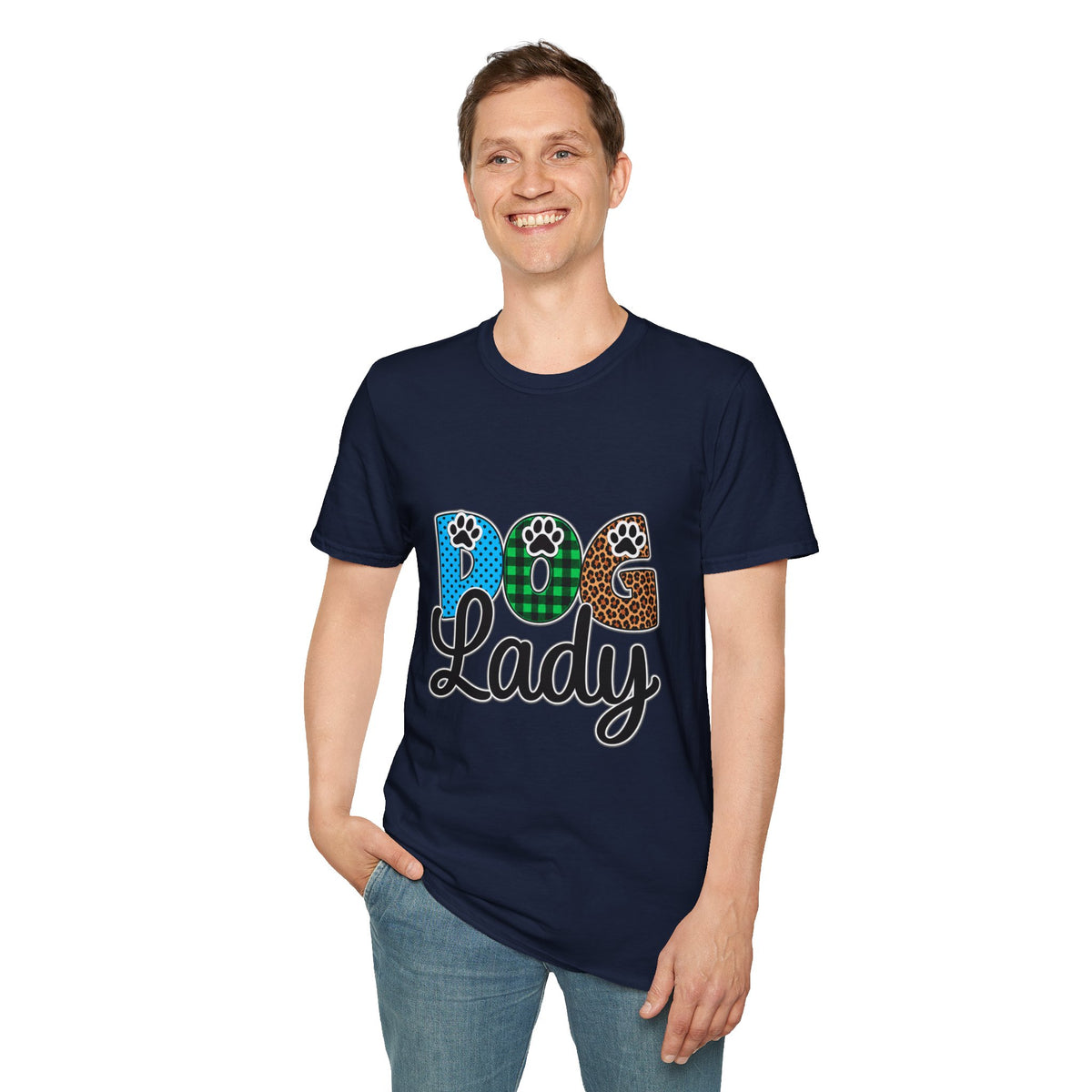 Dog Lady T‑Shirt — Colorful Paw Print DOG Graphic Tee for Pet Lovers