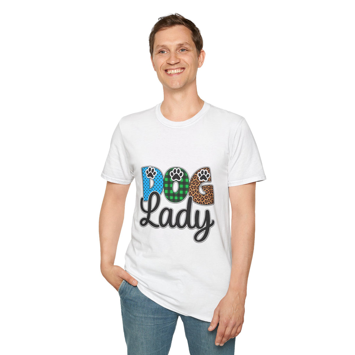 Dog Lady T‑Shirt — Colorful Paw Print DOG Graphic Tee for Pet Lovers