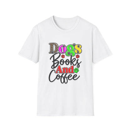 Dogs Books And Coffee T-Shirt — Colorful Paw Print Graphic Tee for Dog Lovers
